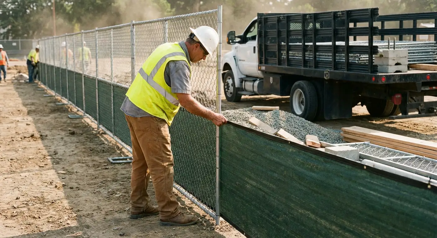 Privacy windscreen installation on construction fence in Euless, TX